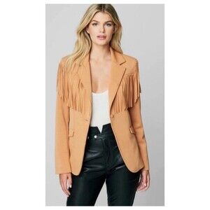 BLANKNYC Faux Tan Suede Fringe Western Blazer Jacket Womens Size L Boho Cowgirl